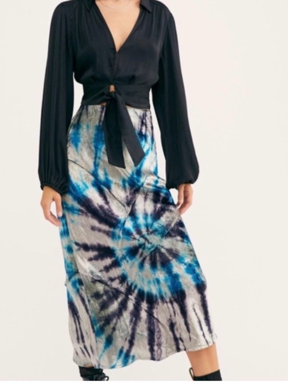 Free People Serious Swagger Tie Dye Velvet Midi Skirt In Blue, Silver and Black
